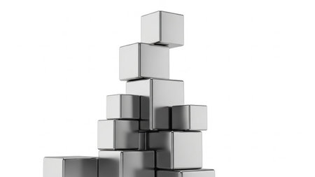 With showing silver metal cubes stacked in a staircase formation against a white background with...