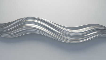 A smooth, flowing wave of liquid silver metal with subtle striations curves across a clean, light...
