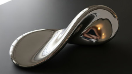 A highly polished chrome abstract sculpture with a fluid, infinity-like form rests on a dark matte surface,...の写真素材