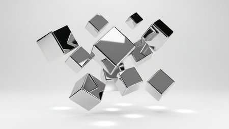 Cubes showing scattered chrome cubes levitating in a bright white studio with soft shadows and...
