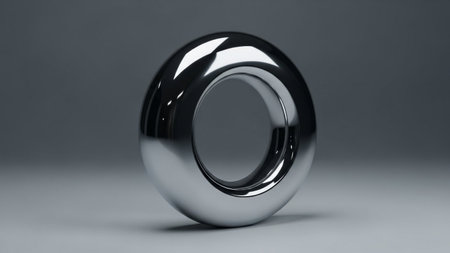 A highly reflective metallic torus with a smooth, curved surface sits on a plain gray studio...