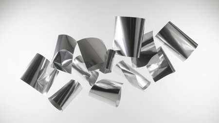 Numerous crumpled metallic silver cylinders and cones are scattered and floating in a clean, bright...