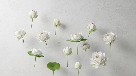 Showing scattered white lotus flowers and buds with green leaves on a textured white background.