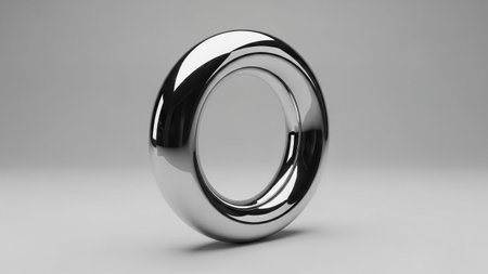 A sleek, highly reflective chrome torus ring is presented on a smooth, light gray studio background.の写真素材