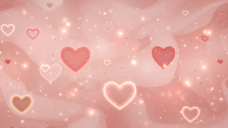 With showing soft pink background with glowing hearts and sparkling confetti in a romantic dreamy...