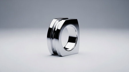 A polished silver ring with a modern geometric rests on a smooth gray surface, reflecting light.