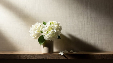 White hydrangea flowers in a beige ceramic vase sit on a rustic wooden shelf, with soft sunlight...