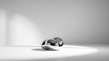 A highly reflective metallic amorphous rests on a white surface, casting sharp shadows under...