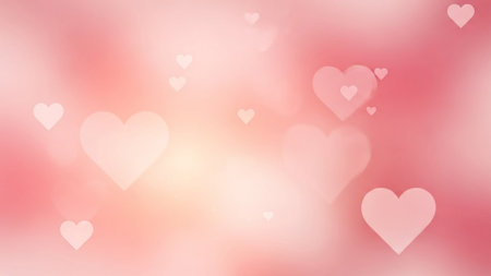 A soft focus background with glowing pink and white hearts creates a romantic, blurred bokeh effect.