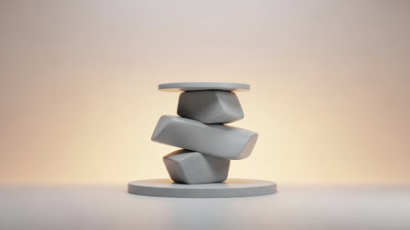 A minimalist composition of three grey stones stacked and balanced on a round base against a soft...