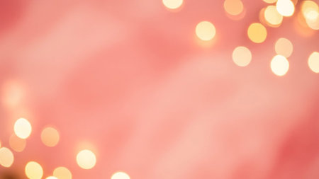 A soft focus pink background filled with blurry golden bokeh lights creating a warm and dreamy...