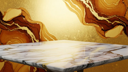 A square polished marble countertop with prominent grey veins sits before a shimmering golden background featuring...の写真素材