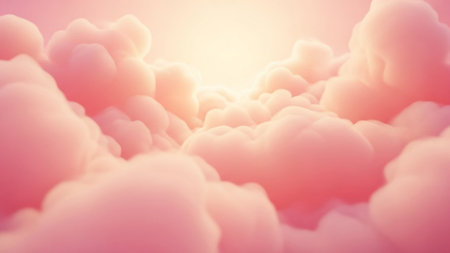 Softly focused pink clouds are illuminated by warm golden light, creating a dreamy and ethereal...