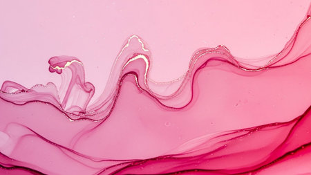 With showing swirling abstract fluid with vibrant pink and magenta hues and delicate gold metallic...