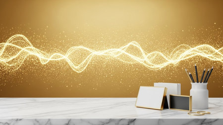 A golden abstract light wave of shimmering particles floats above a white marble desk holding frames...