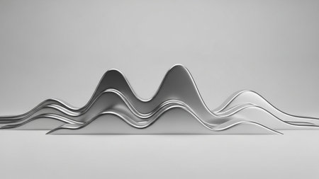 Abstract silver metallic waves with a smooth, reflective surface flow dynamically, showcasing sleek...