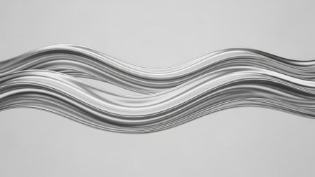 Silver showing abstract swirling silver metallic ribbon or liquid flowing on a light gray...