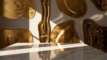 Abstract golden liquid shapes adorn a wall behind a marble podium, with dramatic light and shadow...