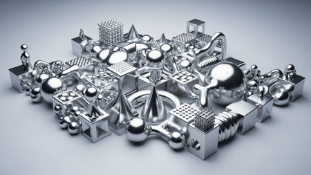 A complex arrangement of shiny metallic geometric shapes and abstract forms creating a visually...
