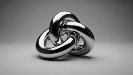 A highly polished silver interlocking torus knot sculpture sits on a smooth, light gray studio...