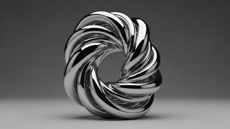 A highly polished chrome torus knot sculpture with twisted metallic strands is presented against a...