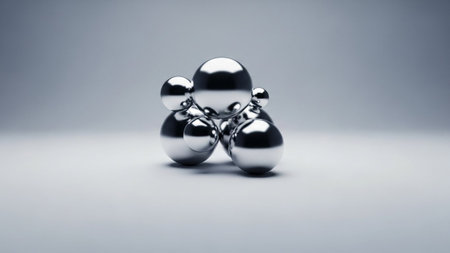 A cluster of highly reflective chrome spheres is arranged in a precise geometric formation against a...