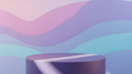 With showing cylindrical purple podium with soft pastel wavy background and sunlight streaks keywords: cylindrical,...の写真素材