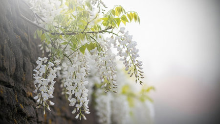 Delicate white wisteria blossoms cascade from a vine against a rough stone wall and a bright, softly lit sky.の写真素材