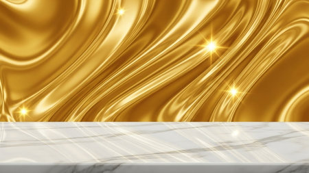 A lustrous gold fabric with flowing waves and sparkling light flares is positioned above a polished white and gray...の写真素材