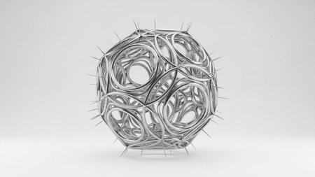 A complex metallic geodesic sphere with sharp spikes and an interwoven wireframe structure stands on a clean white...の写真素材