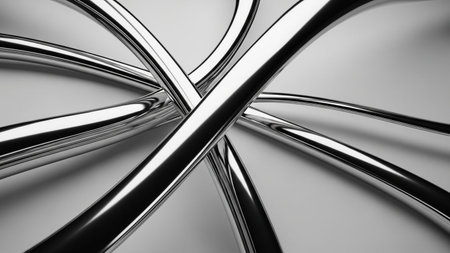 Polished chrome metal tubes are intertwined in an abstract geometric pattern against a clean, light gray background.の写真素材