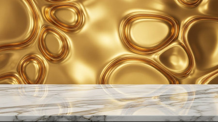 A gold abstract background with organic, flowing shapes sits above a polished marble surface,...