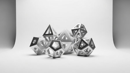 Forms showing geometric metal polyhedra forms arranged in a still life composition on a white studio...