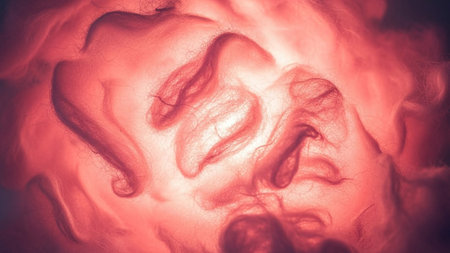 Extreme close-up of red wool fibers illuminated from within creating a soft glowing organic and intricately textured...の写真素材