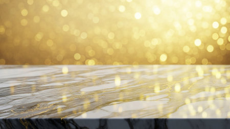 A polished marble surface with intricate golden veins sits in front of a soft, blurred background of sparkling...の写真素材