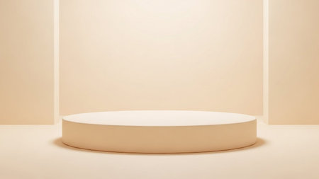 With showing minimalist beige cylindrical podium or stage with soft lighting and subtle vertical wall accents...の写真素材