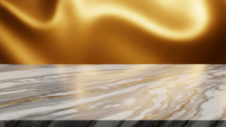 With showing marble surface with golden silk drape background and reflective light streaks. resolutionの写真素材