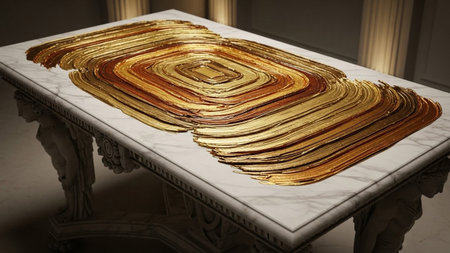 Texture showing marble tabletop adorned with swirling textured gold and copper paint strokes creating an abstract...の写真素材