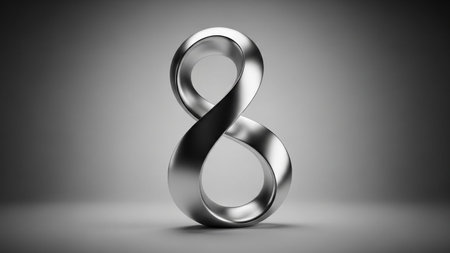A metallic silver infinity symbol shaped like the number 8, with a smooth polished surface and dramatic studio lighting.の写真素材