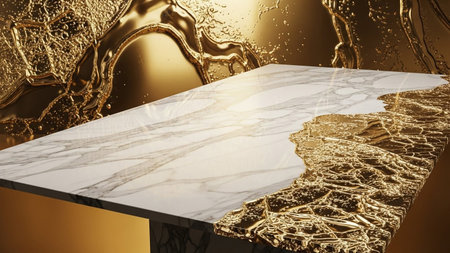 marble table surface partially covered with flowing molten gold liquid creating a dramatic contrast.の写真素材