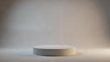 A clean 3D render showcases a simple white cylindrical podium against a seamless, softly lit light gray background,...の写真素材