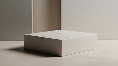 A minimalist beige rectangular podium sits on a light surface, with textured geometric panels in the background.の写真素材