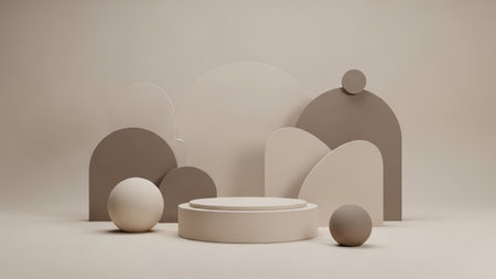 With showing minimalist geometric stage podium with arched backdrops and spheres in neutral tones. resolution...の写真素材