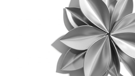 With showing metallic silver flower petal sculpture with sharp edges and soft shadows on a white background...の写真素材