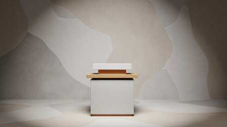 Display showing minimalist beige and white display stand with wood accent and organic wall. resolutionの写真素材