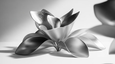 A monochrome sculpture of a metallic flower with brushed petals casts soft shadows on a smooth white surface.の写真素材