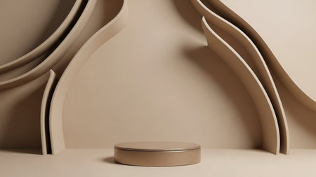 A minimalist beige stage podium is set against a neutral studio background with flowing curved wallの写真素材