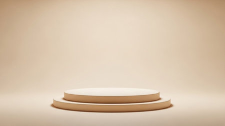 A minimalist two-tiered beige podium sits centered against a soft gradient background with subtle lighting.の写真素材