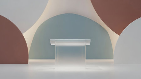 A frosted glass podium stands centered against a backdrop of soft pastel colors and curved architectural forms.の写真素材