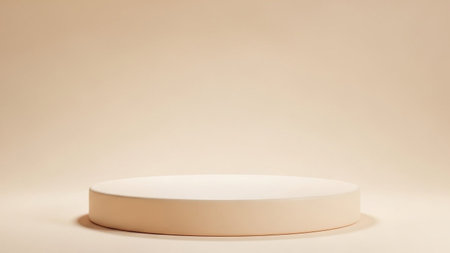 A simple beige cylindrical podium sits on a soft neutral background with gentle light and shadow.の写真素材